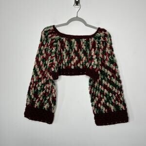 Handmade Crochet Sweater Womens Small Burgundy Green Crop Boho Bell Sleeve